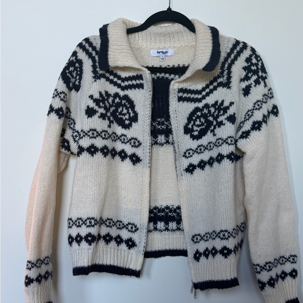 Jacqui E Cream and Black Zip-Front Fair Isle Cardigan